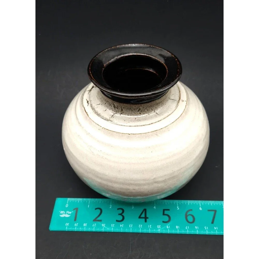 Vintage 70s Hand Crafted Studio Cracked Glaze Raku Moon Stoneware Pottery Vase